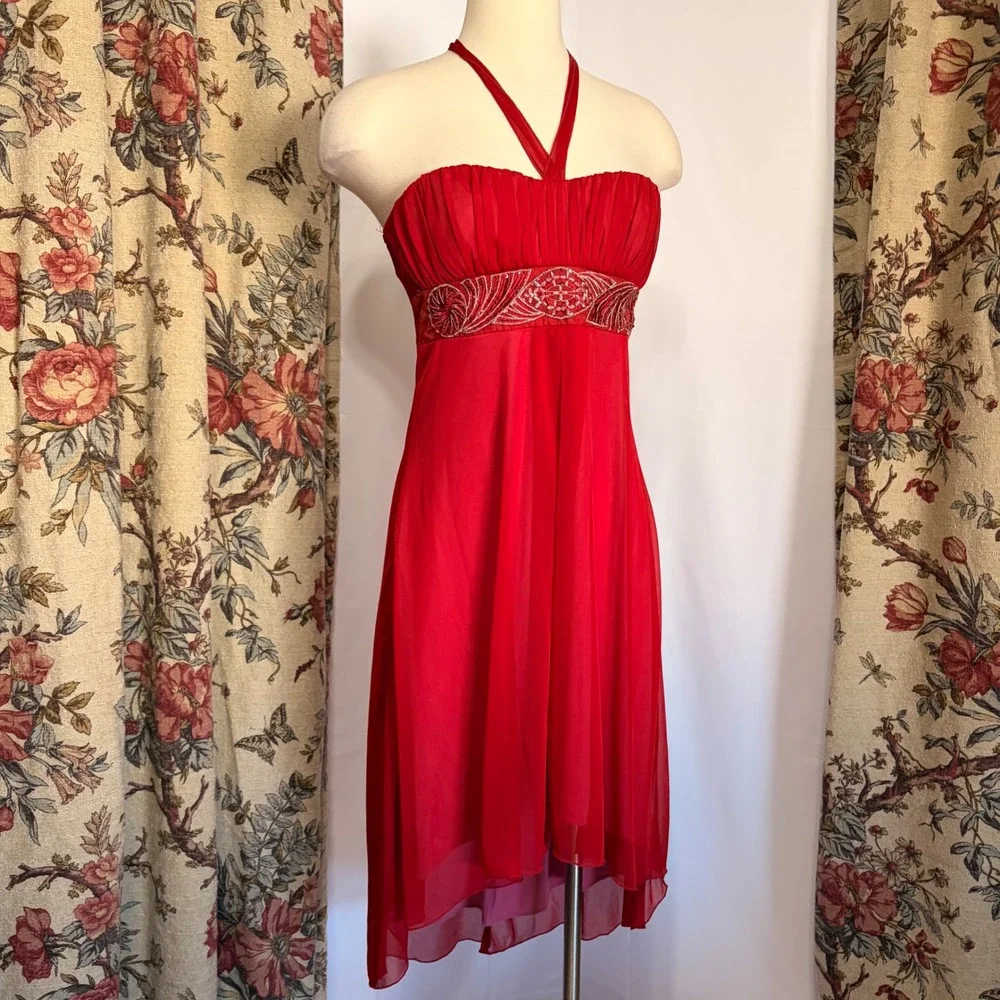 City Triangles Gorgeous Vintage Red Halter Gown with red beaded detailing